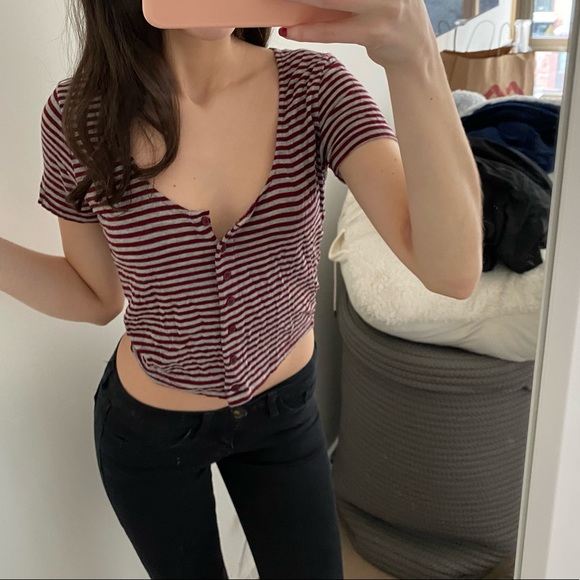 Adorable unworn button up red and grey brandy melville stripped top. No flaws - Picture 1 of 3